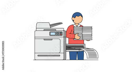 Cartoon illustration of a person holding stacks of documents next to a modern office printer machine with printed papers,isolated on white background
