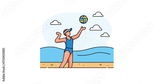 Woman playing volleyball on the beach under a blue sky with scattered clouds having fun during a summer vacation get away