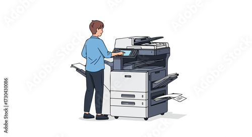Man operating a multifunction printer for document reproduction in an office setting, showcasing modern workplace technology and typical office tasks