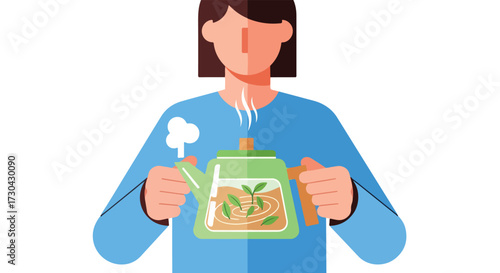 Person with steaming teapot filled with herbal infusion, conceptualizing wellness and holistic living through natural remedies and mindful