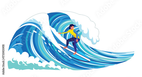 Energetic surfer carving through a vibrant blue wave, embodying the spirit of adventure and the thrill of ocean sports, a dynamic illustration