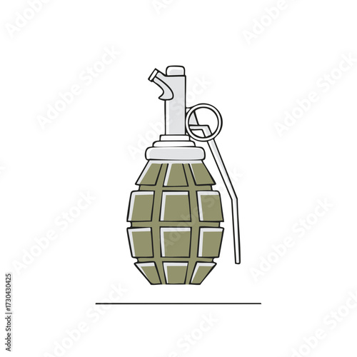Stylized hand grenade illustration with safety pin and grid pattern representing danger and conflict