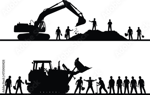 Silhouette of construction workers with excavator and bulldozer teamwork scene showing labor, machinery, and coordination on white background vector illustration