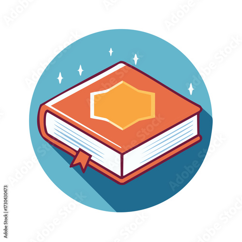 Open Book Icon with Orange Cover and Bookmark Glowing with Magic Stars