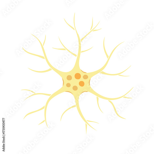 Neuron illustration, nerve cell, brain cell with axons, dendrites, yellow tones, single object
