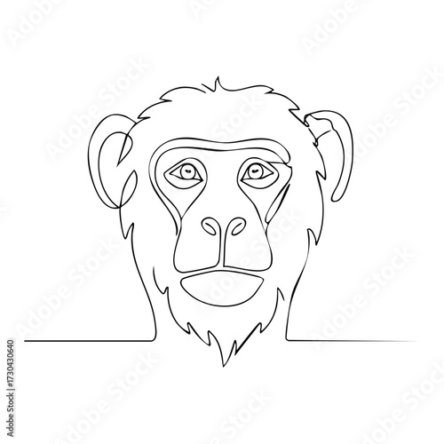 One line drawing of a chimpanzee head, minimalist art style.
