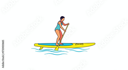 Illustration showcasing an active woman enjoying stand-up paddleboarding during summer recreation on tranquil waters, promoting fitness and wellness