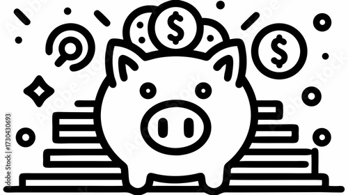 Black and white line art illustration of a piggy bank with dollar coins, representing financial savings, investment, and economy concept.