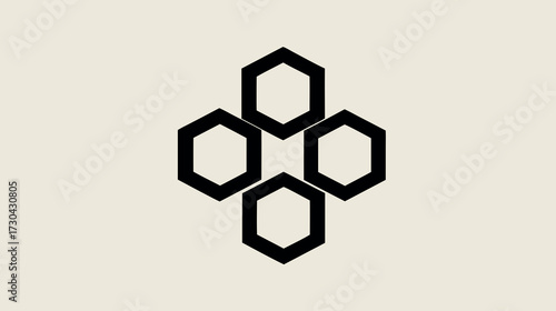 Modern abstract geometric design featuring four connected black hexagonal shapes arranged symmetrically on a light neutral background, minimalist concept.