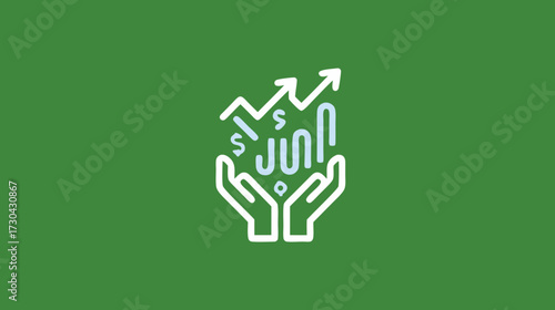 Financial Growth & Investment Concept Icon: Hands holding dollar signs, rising arrows, and business charts on green background for success & profit.