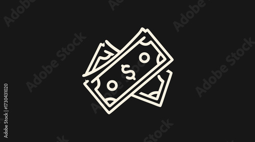 Outline money icon with dollar bills on a dark background, symbolizing finance, wealth, payment, and financial success.