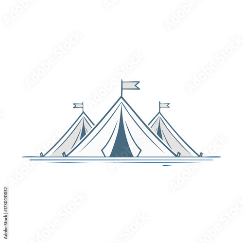 Illustration of three tents with flags, representing a campsite or festival setting