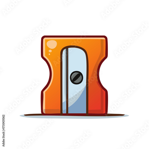 Bright orange cartoon pencil sharpener with a gray screw and light blue interior