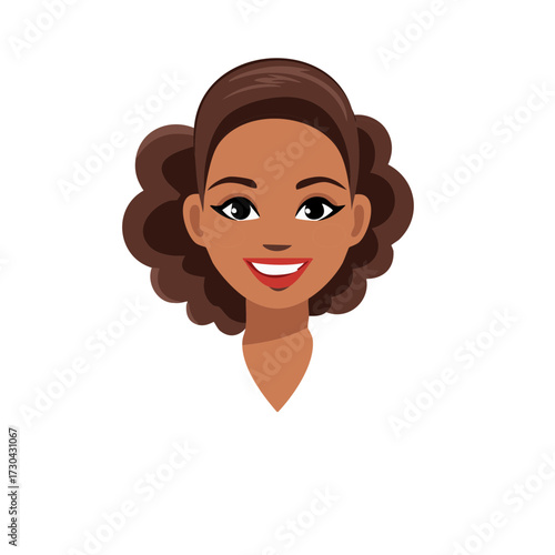 Smiling woman face, cartoon illustration of happy female with curly brown hair