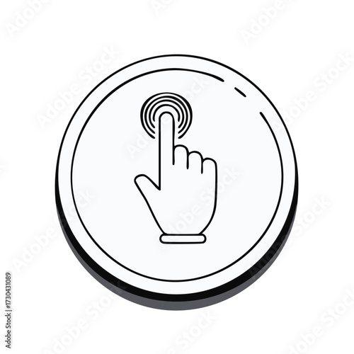 Outline hand finger touching circular button with concentric circles representing touch gesture and selection