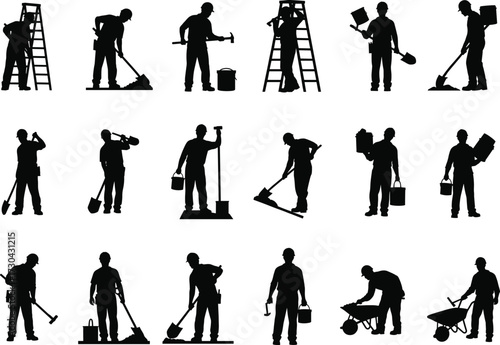 Silhouettes of construction workers performing diverse tasks with tools, teamwork, manual labor, jackhammer, ladder, bucket, shovel, wheelbarrow, gear