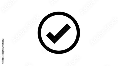 Black checkmark icon in a perfect circle, symbolizing approval, completion, success, confirmation, and validation on white.