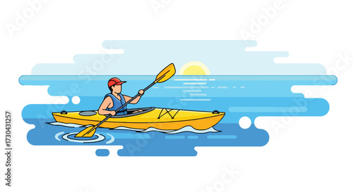Illustration of a kayaker paddling on a serene blue sea at sunset, promoting healthy lifestyle and adventurous water activities in a peaceful setting