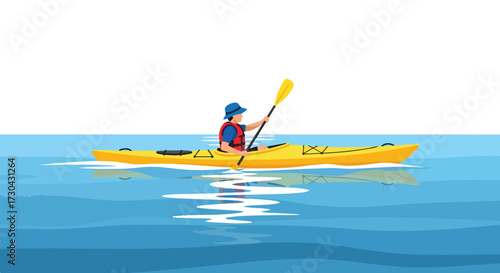 Vector illustration depicting a person kayaking on calm waters, embodying outdoor recreation and healthy lifestyle with summer vibes and