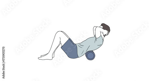 Illustration of a Man Using a Foam Roller for Back Exercise and Muscle Recovery on a White Background