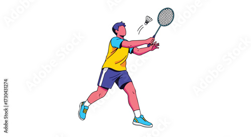Dynamic illustration of a badminton player in mid-swing poised to strike the shuttlecock with skill and precision