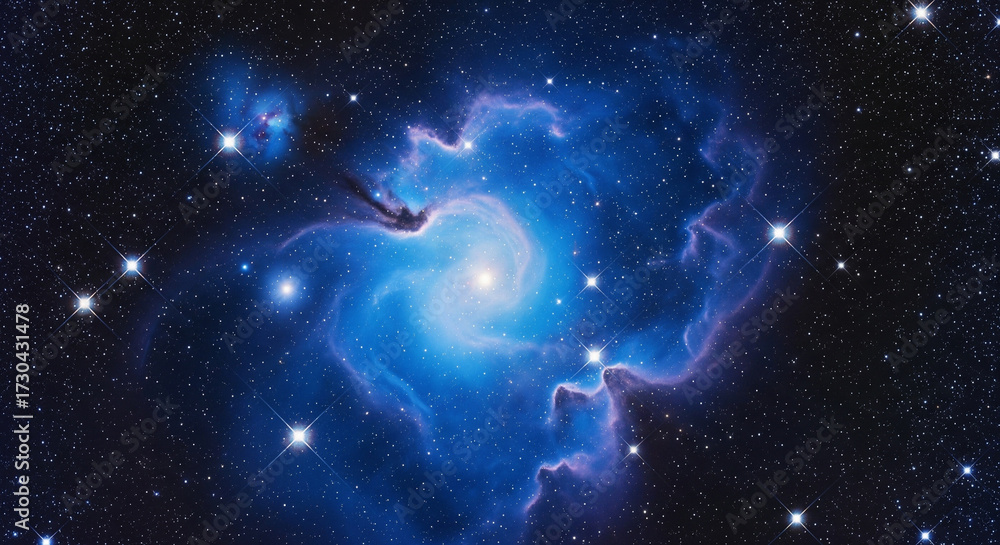 Fototapeta premium Vibrant Blue Spiral Nebula with a Bright Central Star in Void A stunning, high-contrast image of a brilliant spiral nebula set against the dark void of space. 