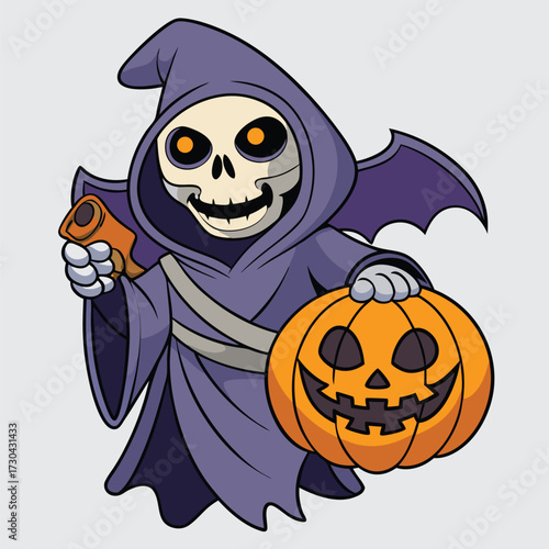 Spooky skeleton in a purple cloak holds a pumpkin and candy with transparent background