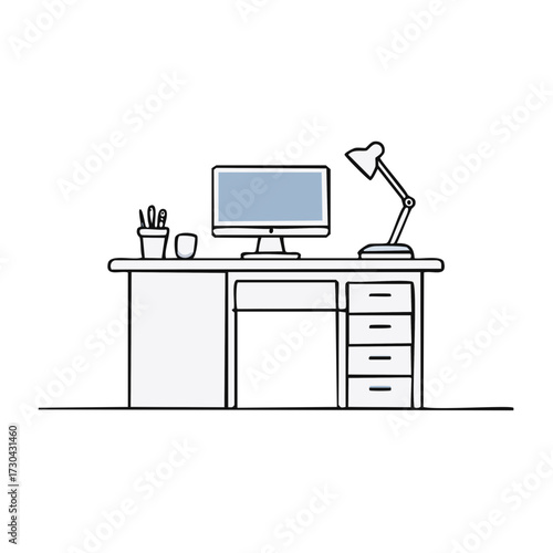 Minimalist desk with computer, lamp, and office supplies in a clean line drawing style