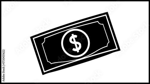 Black and white stylized illustration of a dollar banknote icon representing money, finance, wealth, and economy.