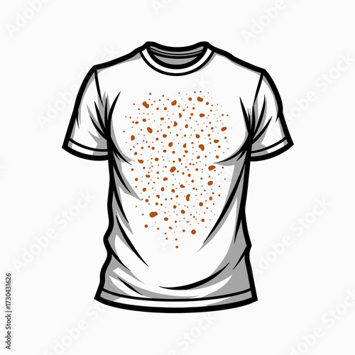 T-shirt design with orange splatter pattern on white background  