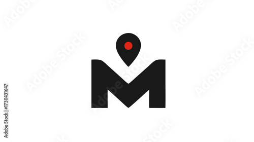 Abstract letter M icon with map pointer, minimalist black and red location pin symbol design element for navigation, place, or business