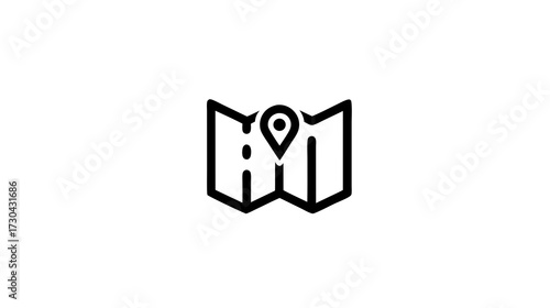 Location pin on a folded map icon, minimalist navigation and travel concept, line art illustration for GPS or app interface