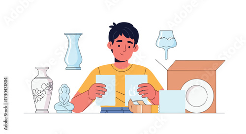 Young adult carefully packing fragile items with protective wrapping for secure shipping and moving delicate home goods, ensuring safe delivery and