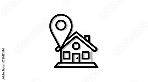 Home address map pointer line icon. Residential property location symbol. Real estate vector outline illustration. House icon with map pin.