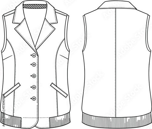 Sleeveless vest cad drawing flat vector illustration, front and back view, fashion sketch, garment construction, tailored clothing design template