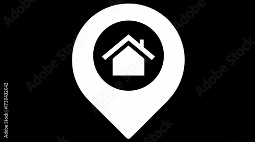 White house location pin icon on black background, home address property map pointer for real estate and navigation apps