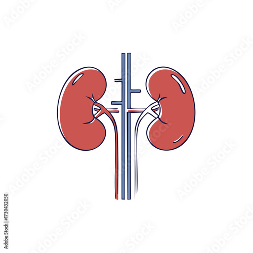 Stylized illustration of human kidneys with blood vessels, red and blue lines