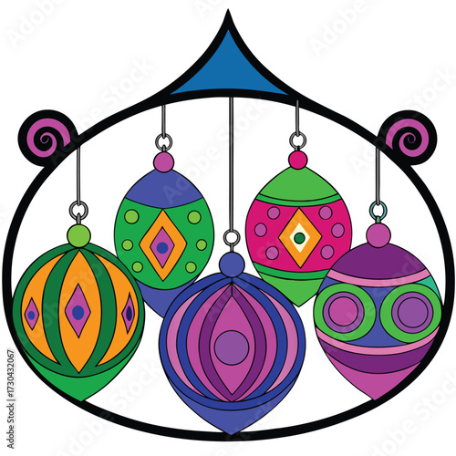 Ornamental decorations hang from a blue support within a black frame on a transparent background