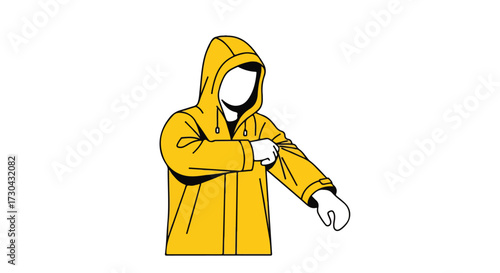 Stylized figure wearing a yellow hooded raincoat preparing for wet weather conditions with a minimalist design approach