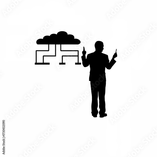 Administrator rerouting traffic in cloud system silhouette isolated on white background