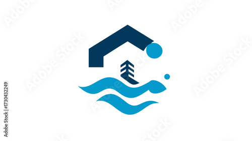 Abstract house roof with stylized tree and blue water waves, eco-friendly home real estate graphic concept icon