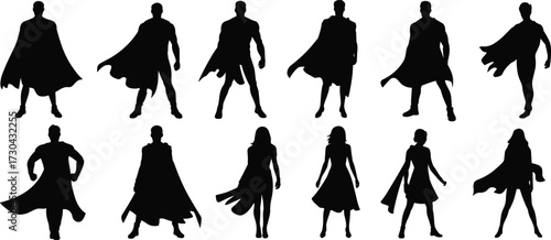 Superhero Silhouette Vector Set Featuring Dynamic Poses, Capes, Male and Female Characters for Comic, Fantasy, Action, and Pop Culture Themes