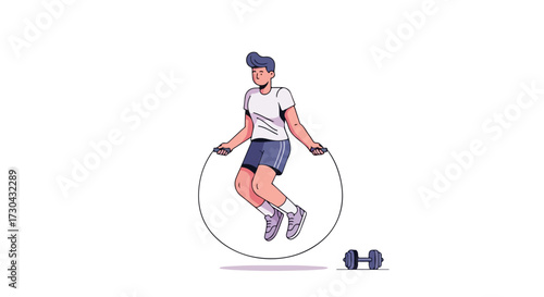 Animated character skipping rope for fitness with dumbbell illustration for healthy lifestyle and activity routine demonstration