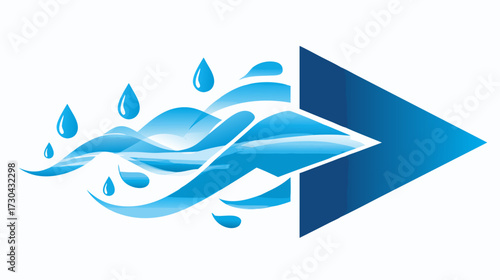 Stylized blue arrow with dynamic water waves and droplets illustration, symbolizing clean energy, natural flow, and future direction