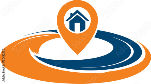 Modern home location pin icon with house symbol on a swirling blue and orange path. Property navigation, real estate search, housing services graphic design concept.