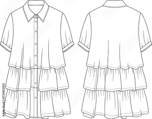 Tiered blouse cad drawing flat vector illustration, front and back view, fashion sketch, garment construction, puff sleeve design template