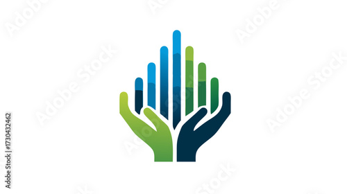 Abstract human hands supporting an upward trending bar graph, symbolizing business growth, financial success, data, and sustainable development.