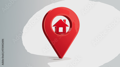 Red 3D map pin with house icon for home location, real estate, property search, navigation, address, and residential destination.