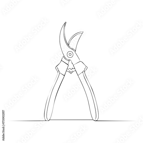 Clean outline drawing of garden secateurs, hand pruners, tool for pruning and gardening, isolated black lines on white background