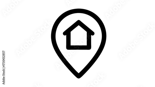 Black outline vector icon of a house inside a map pin marker, symbolizing home location, property address, and real estate on a digital map.